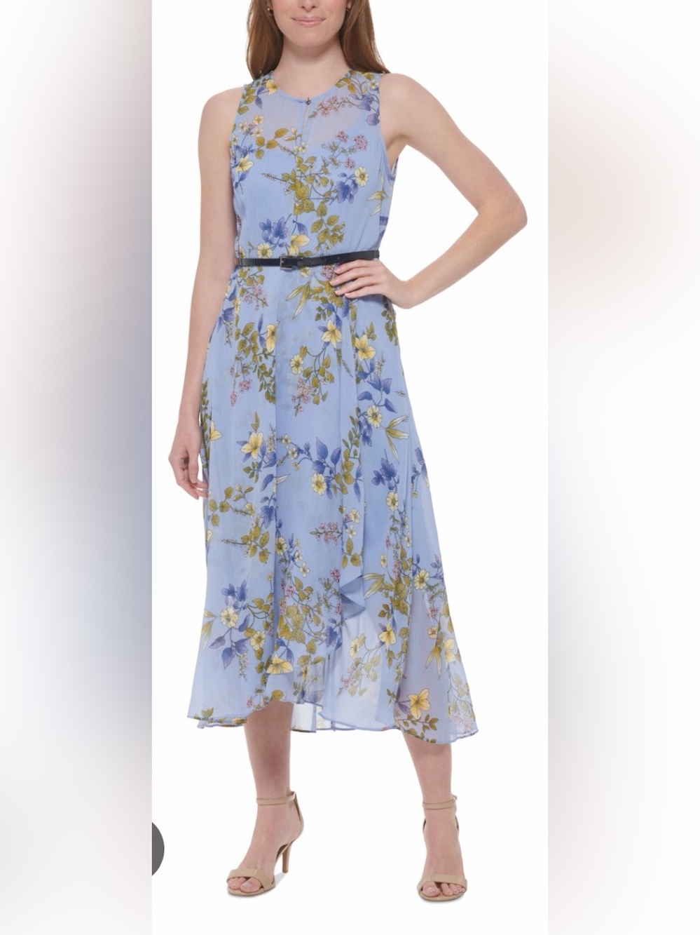 Tommy Hilfiger Pastel Blue Floral Midi Dress with Slim Black Belt